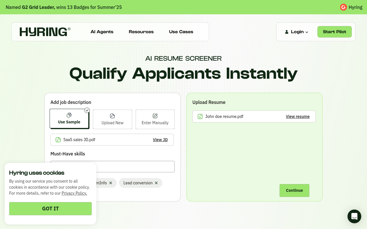 Screenshot of AI Resume Screener by Hyring: Instantly Streamline Your Hiring Process
