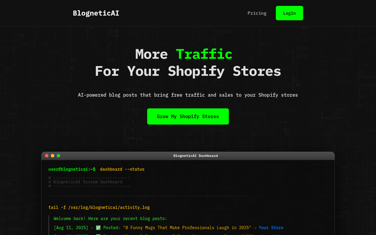 Screenshot of Unlock SEO-Boosted Organic Traffic with BlogneticAI for Shopify