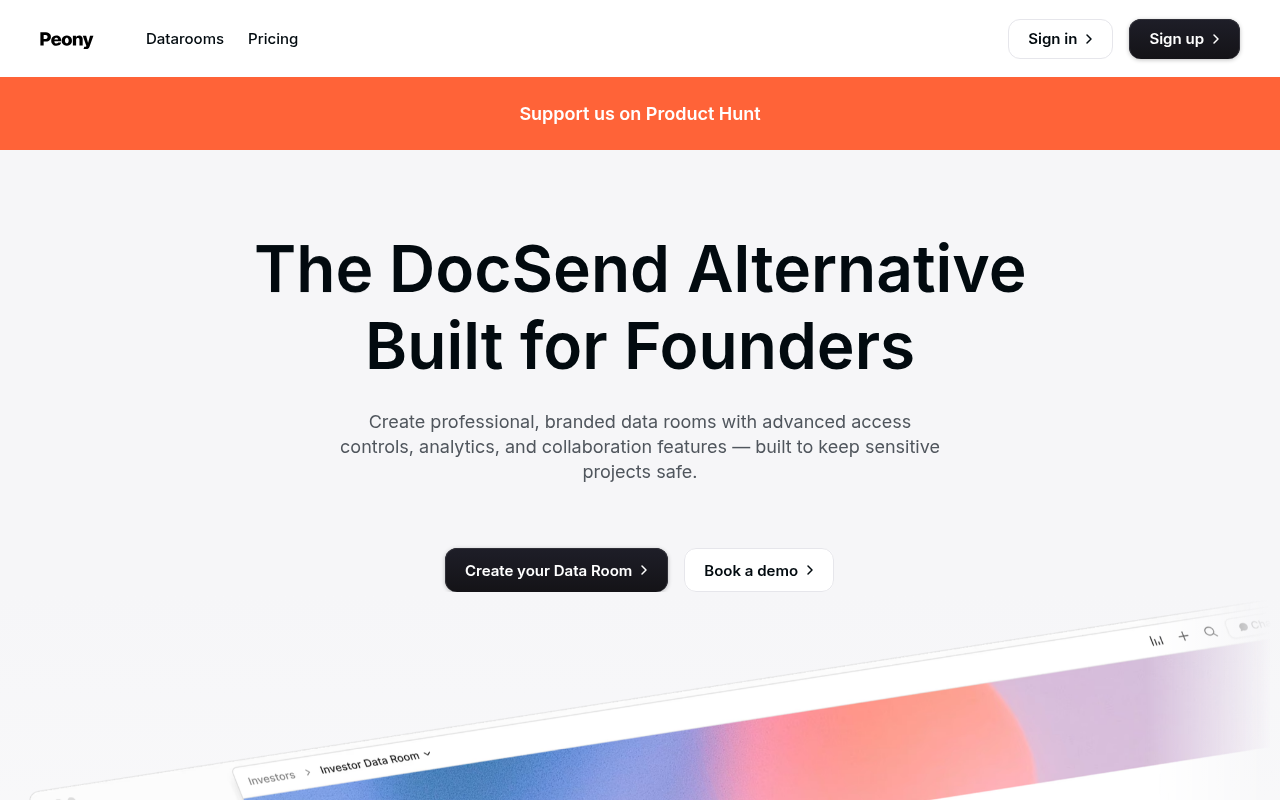 Screenshot of Unlock Startup Success: Peony Dataroom, The Favorite Among Founders